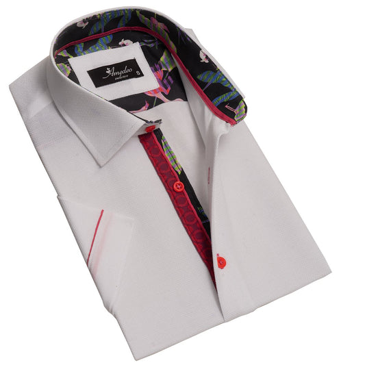 White and Red Mens Short Sleeve Button up Shirts - Tailored Slim Fit Emerald Uranus