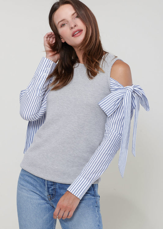 Open Shoulder Tie Sleeve Top In Heather Grey Lemon Hera