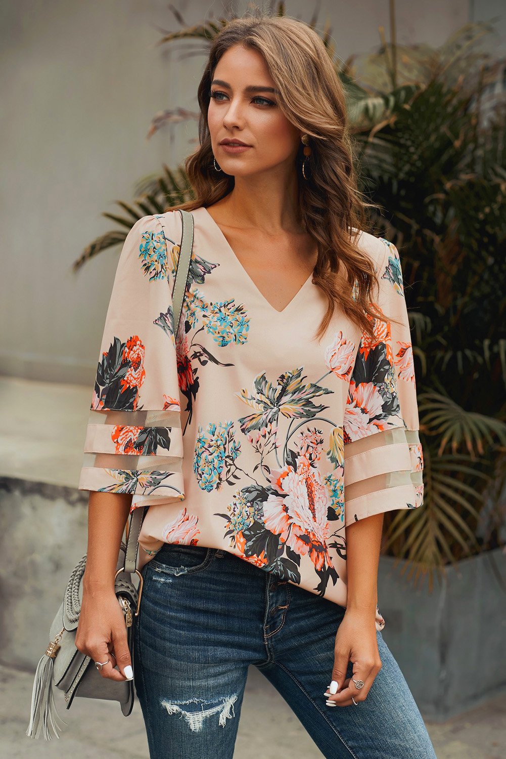 Apricot 3/4 Flared Sleeve Floral Chiffon Blouse Teal Demeter