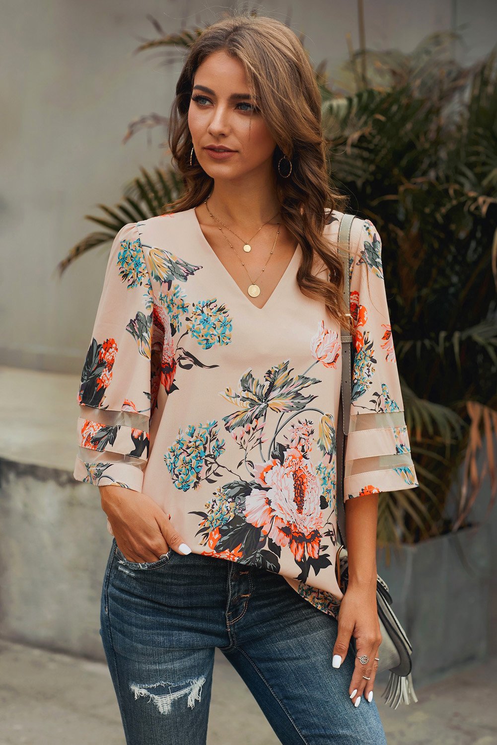 Apricot 3/4 Flared Sleeve Floral Chiffon Blouse Teal Demeter