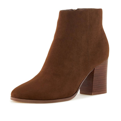 Women's Malibu Boots Brown, stacked heel bootie with almond toe and side zip closure.