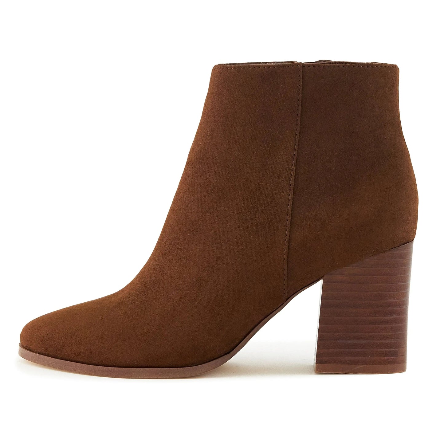 Women's Malibu Boots Brown with stacked heel and almond toe design.