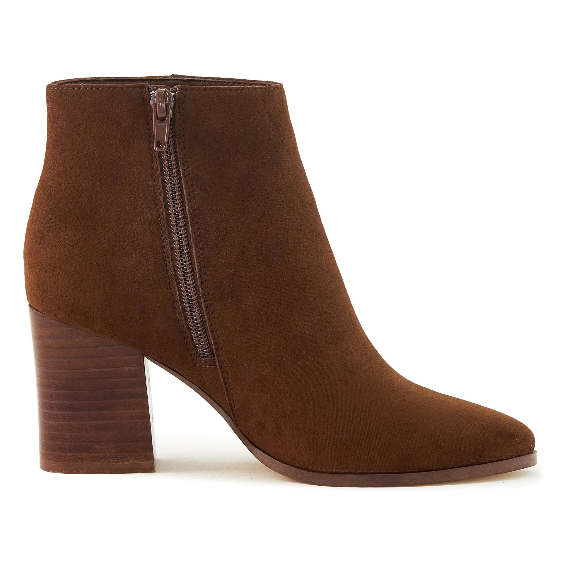 Women's Malibu Boots Brown with stacked heel and almond toe.