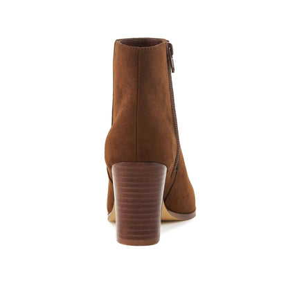 Women's Malibu Boots Brown with stacked heel and almond toe, side zip closure.