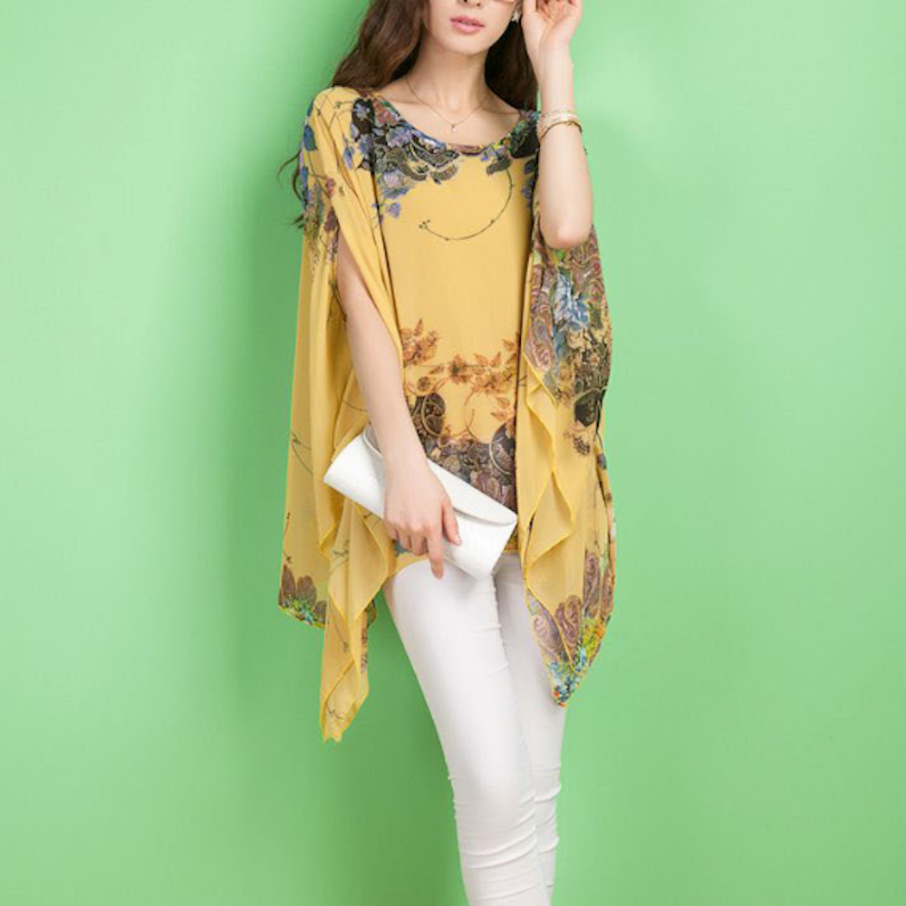 Womens Peony Batwing Chiffon Top Yellow Pandora