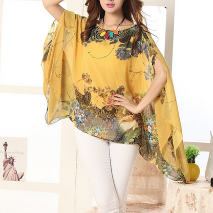 Womens Peony Batwing Chiffon Top Yellow Pandora