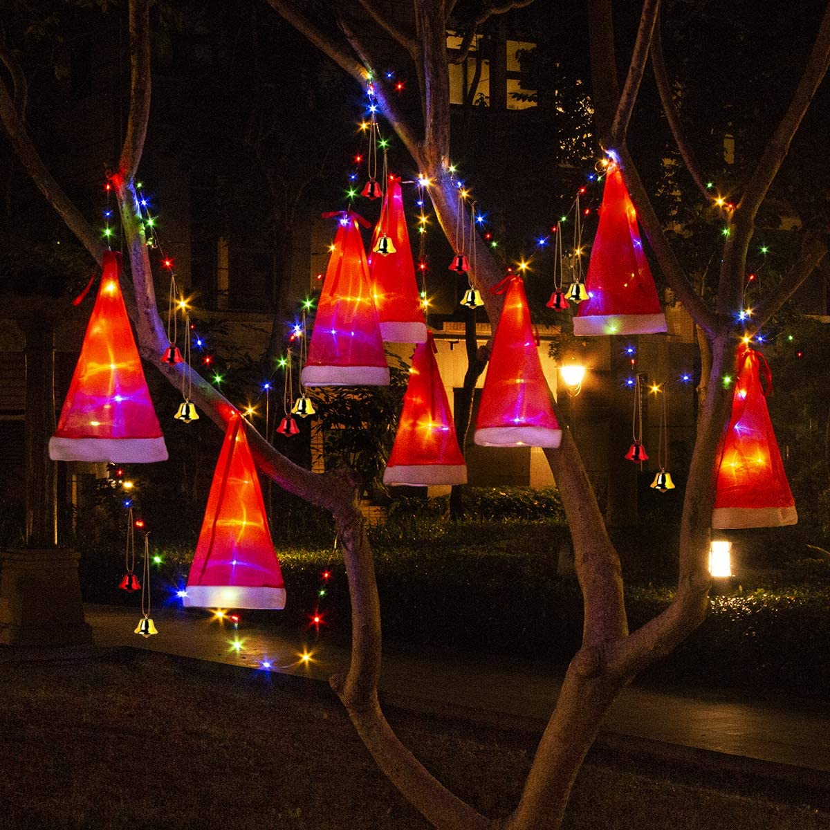 8 Pcs Hanging Glowing Christmas Hats String Lights Crimson Coco