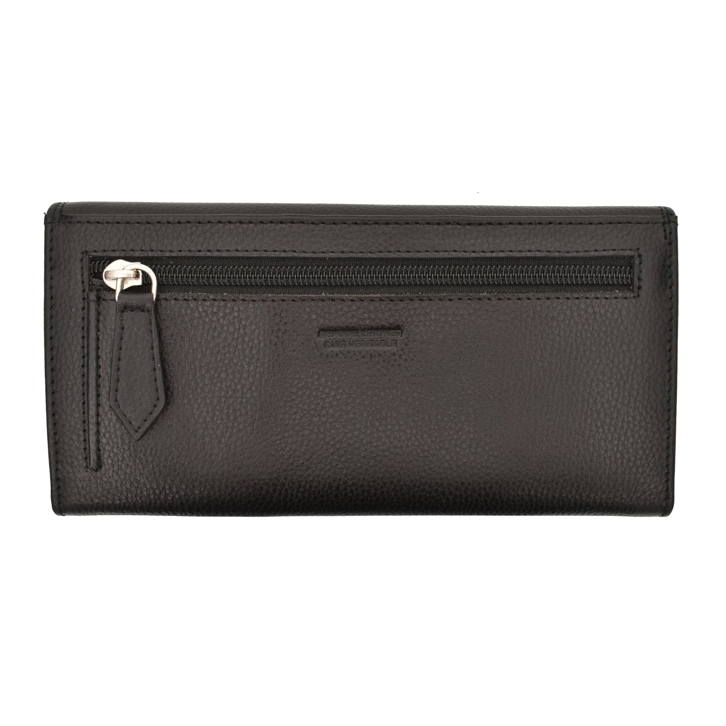 Ladies clutch wallet in black leather with snap closure and gusset pocket.