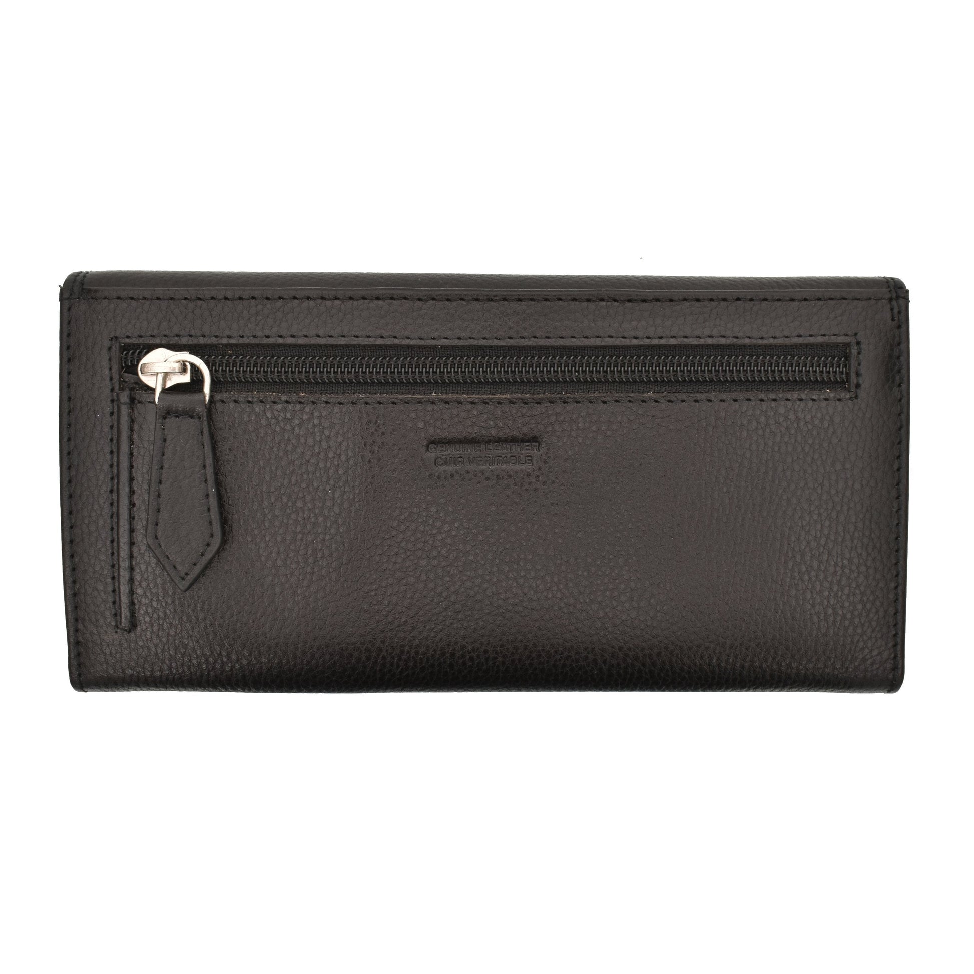 Ladies clutch wallet in black leather with snap closure and gusset pocket.