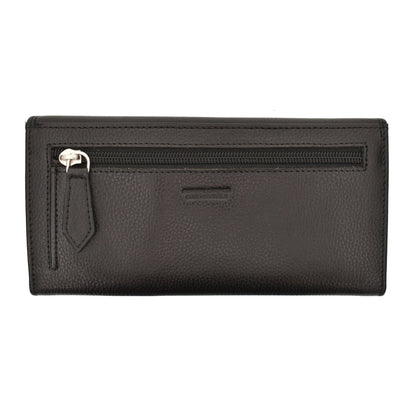 Ladies clutch wallet in black leather with snap closure and gusset pocket.