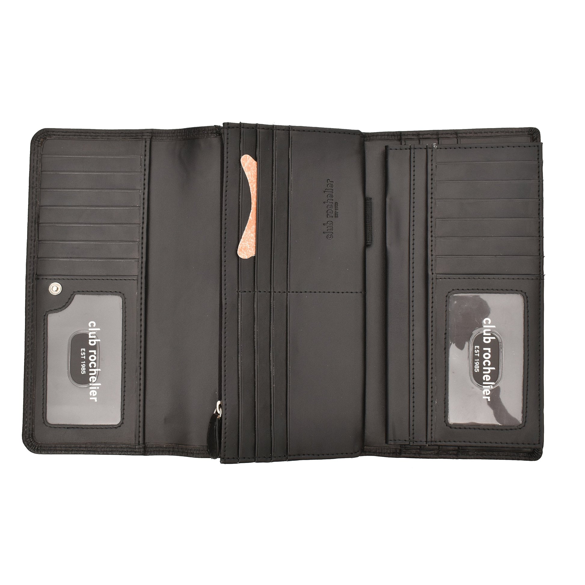 Ladies clutch wallet with checkbook and gusset, genuine leather, 27 credit card slots, front flap snap closure, black.