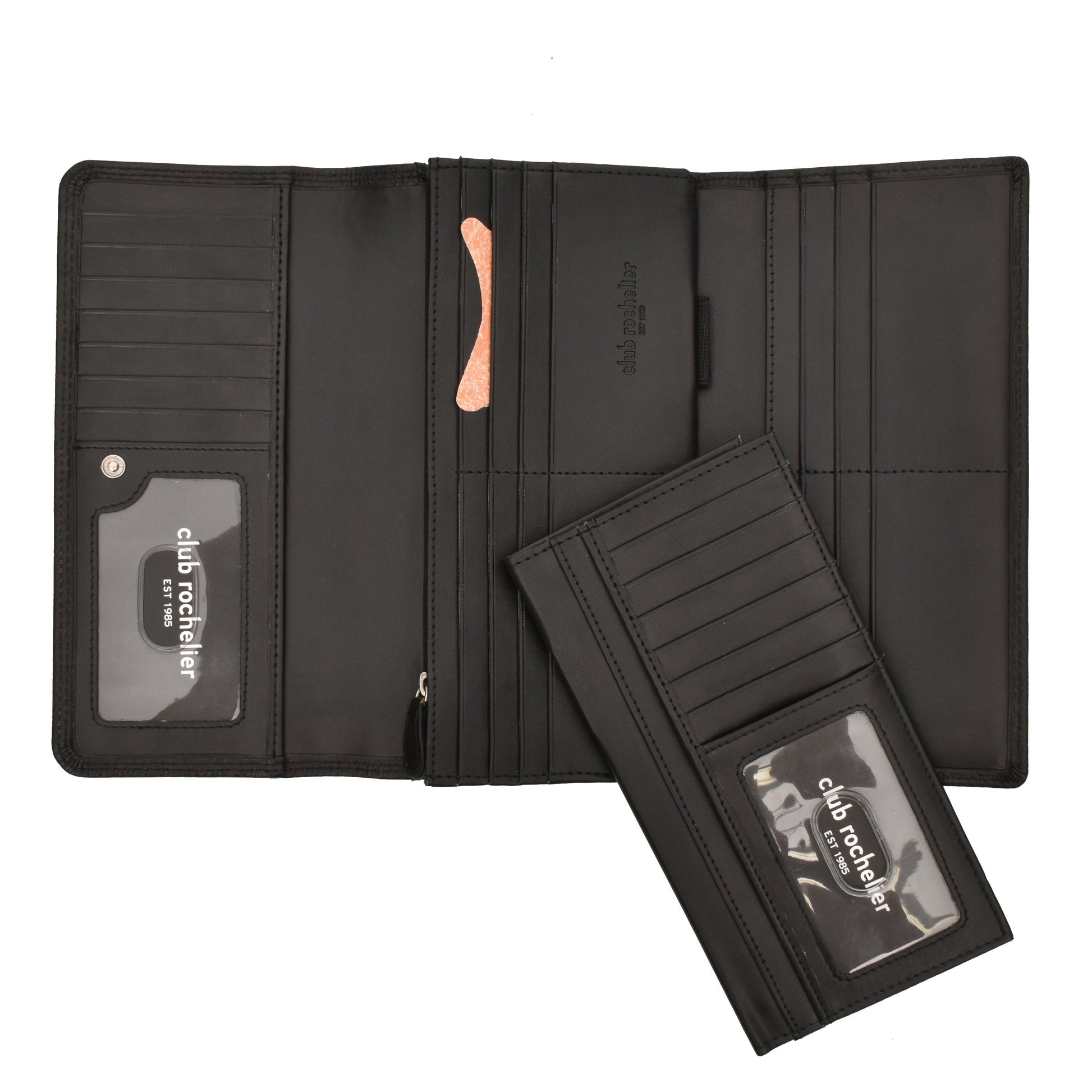 Ladies black clutch wallet with checkbook holder and multiple card slots.