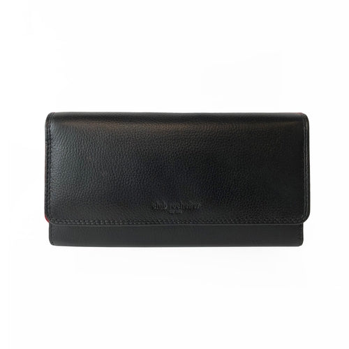 Ladies Clutch Wallet in genuine leather with snap closure, featuring credit card slots and gusset pocket.