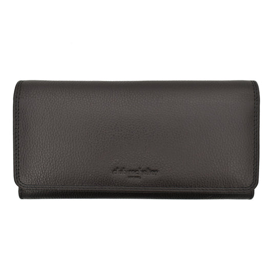 Black genuine leather ladies clutch wallet with checkbook and gusset, featuring snap closure and multiple card slots.