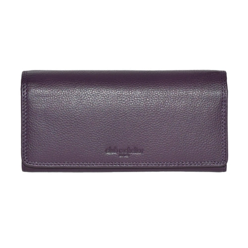 Ladies Clutch Wallet with Checkbook and Gusset in purple leather featuring snap closure and multiple card slots.