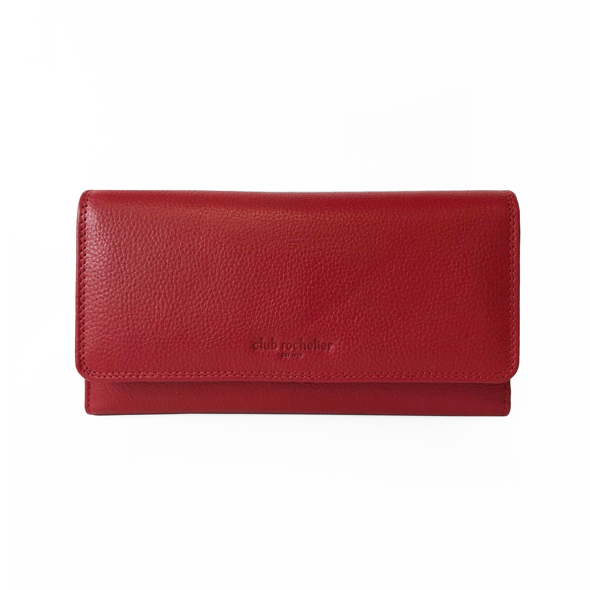 Ladies Clutch Wallet in red leather with snap closure, featuring 27 card slots, gusset pocket, and checkbook holder.