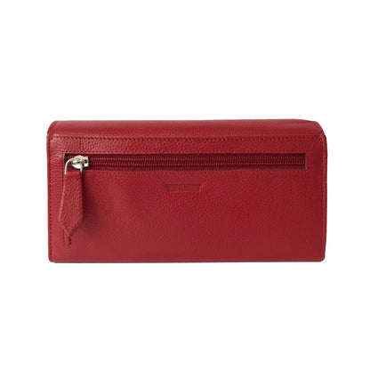 Red ladies clutch wallet with checkbook, gusset pocket, and multiple card slots.