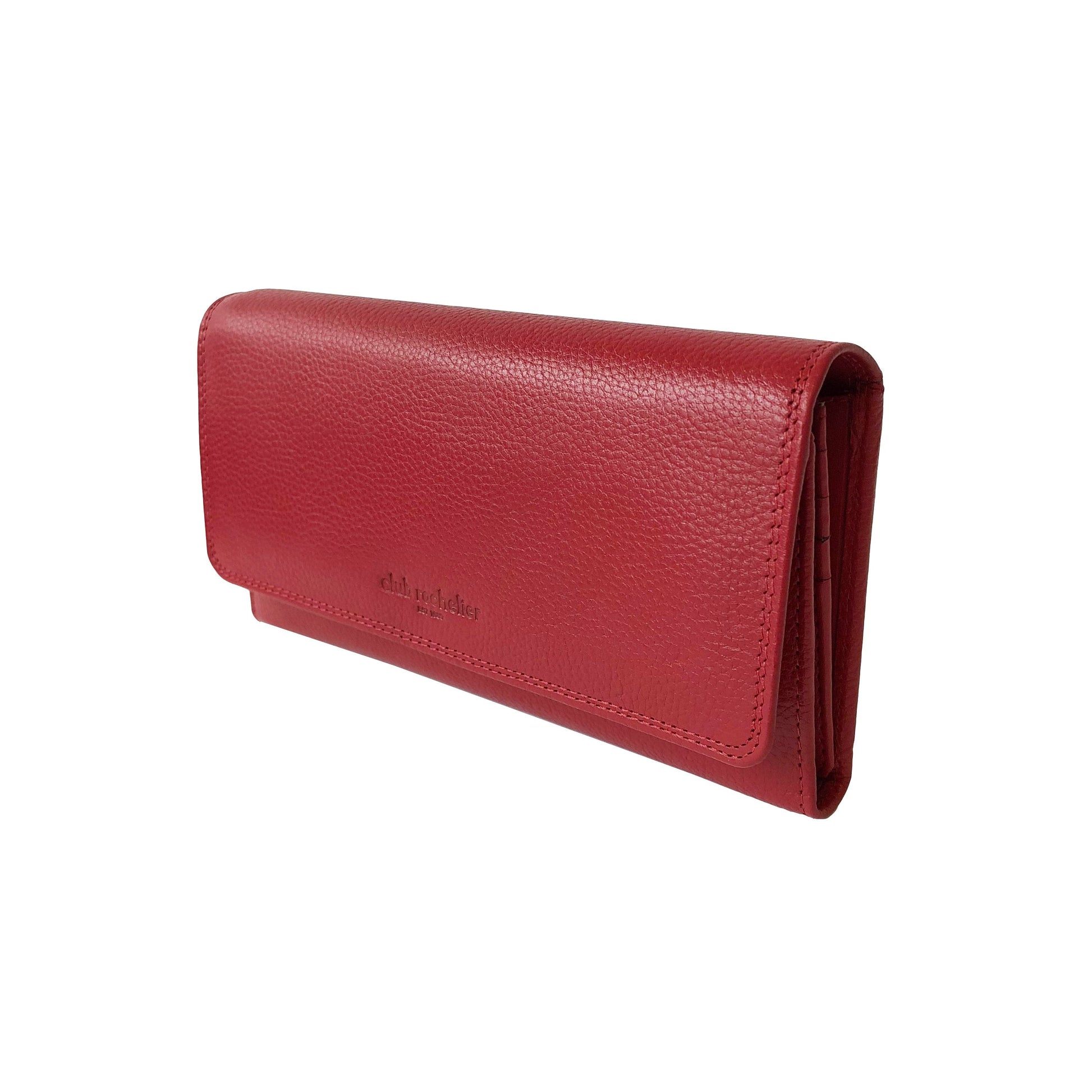 Red genuine leather ladies clutch wallet with snap closure and gusset, featuring multiple credit card slots and a detachable checkbook holder.