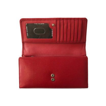 Ladies clutch wallet in red leather with multiple card slots and checkbook holder.