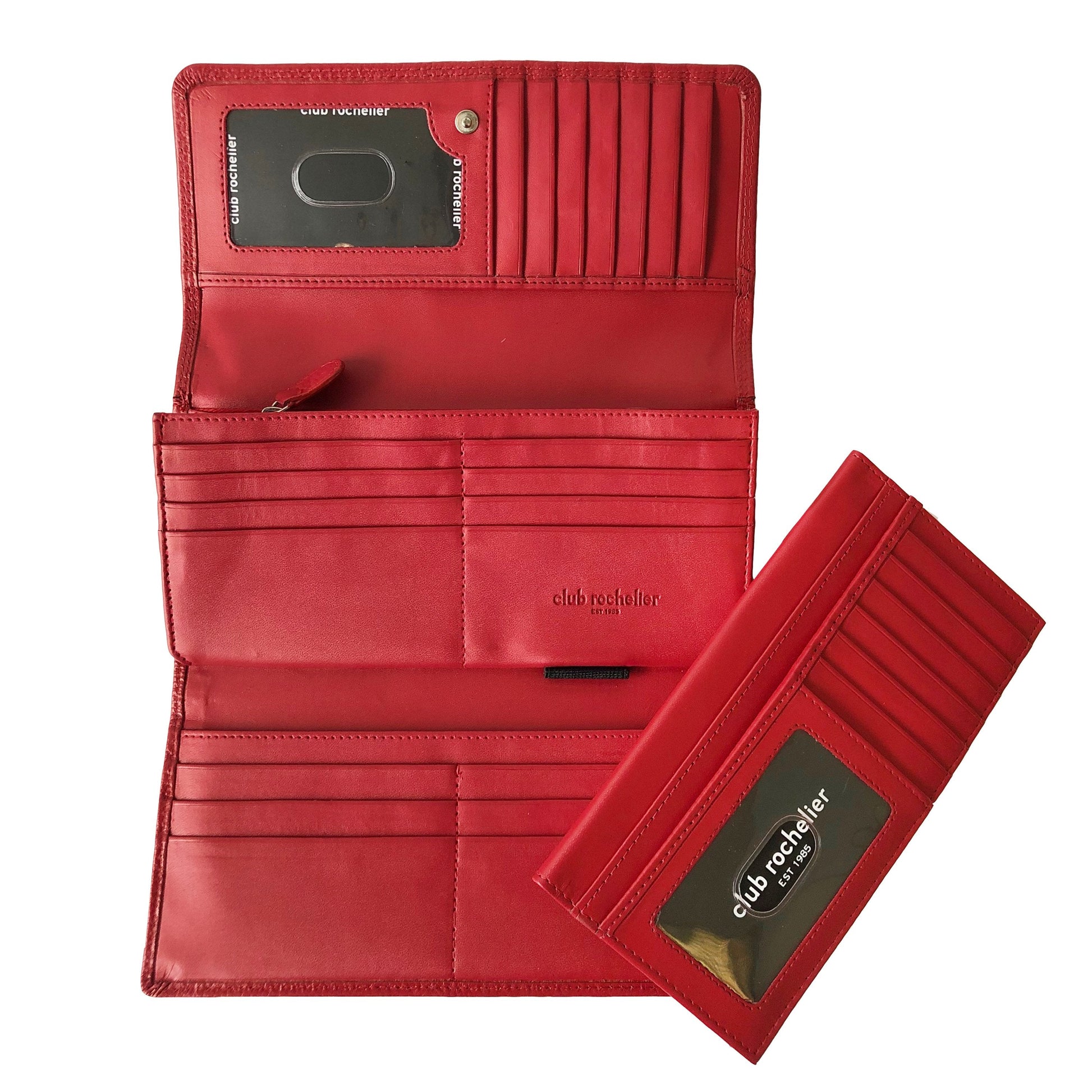 Ladies clutch wallet in red genuine leather with ample storage including 27 credit card slots, ID windows, and gusset pockets.