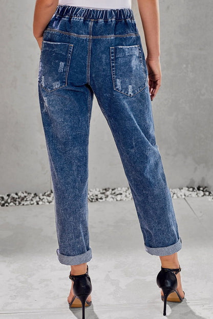 Dark Blue Gather Round Distressed Hole Pocketed Jean Jogger Teal Demeter