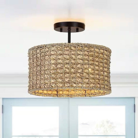 Bohemian 13.6-inch Round Rattan Drum 2-Light Ceiling Light - Yellow Crius