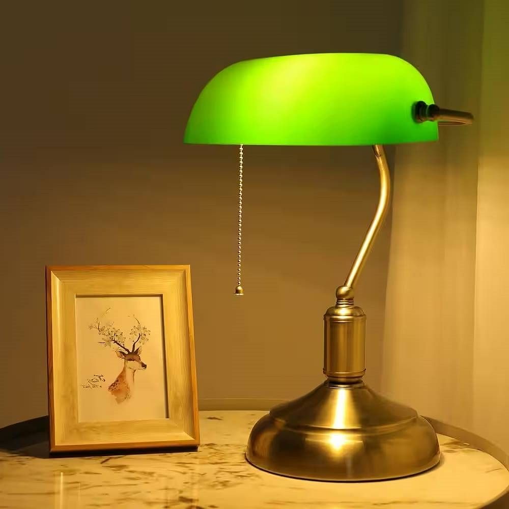 Antique Brass Bankers Lamp Desk Light Table Lamp with Green Glass Yellow Crius