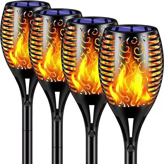 Set of 4 - Outdoor Solar Lights LED Tiki Torch Polynesian Style Path Yellow Crius