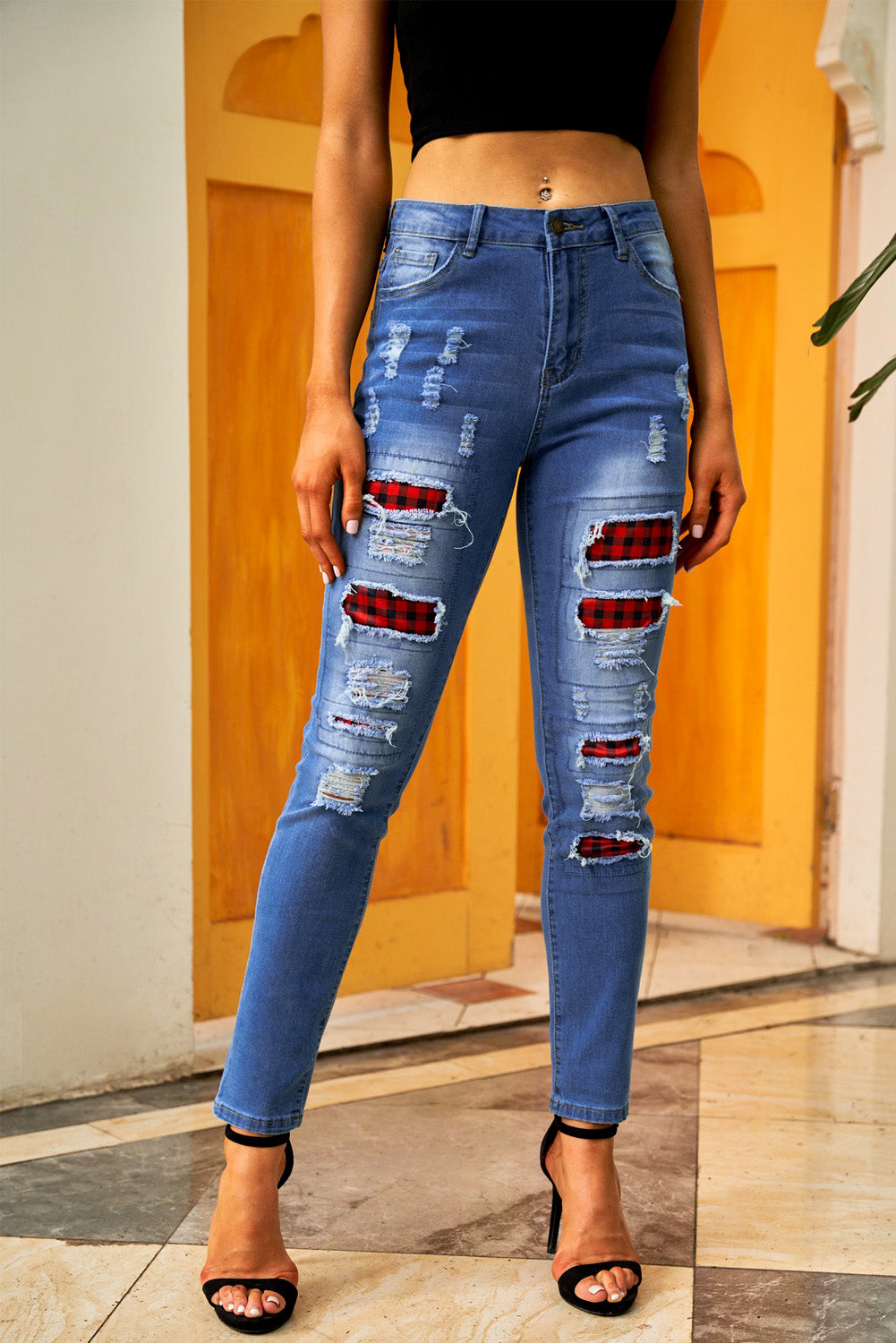 Fashion Blue Ripped Plaid Straight Legs Boyfriend Jeans Teal Demeter