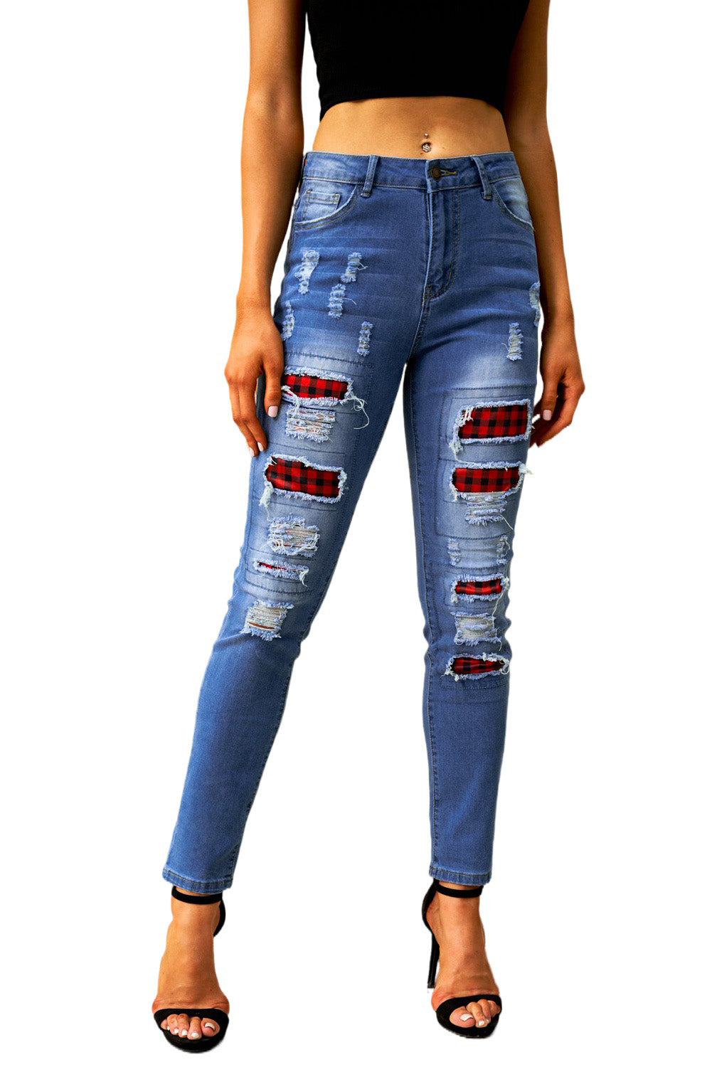 Fashion Blue Ripped Plaid Straight Legs Boyfriend Jeans Teal Demeter