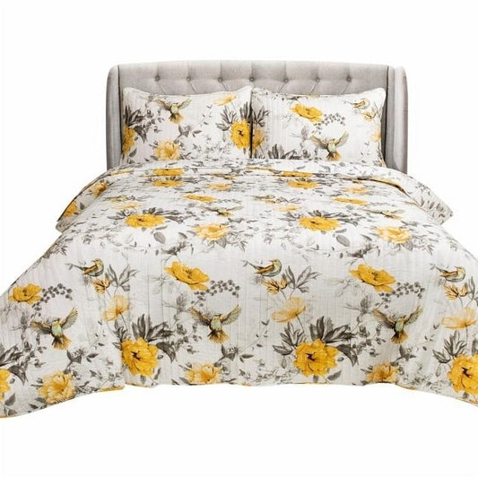 Full/Queen 3 Piece White Yellow Grey Reversible Floral Birds Cotton Yellow Crius