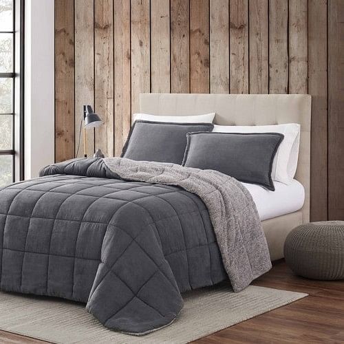 Full/Queen Plush Sherpa Reversible Micro Suede Comforter Set in Gray Yellow Crius