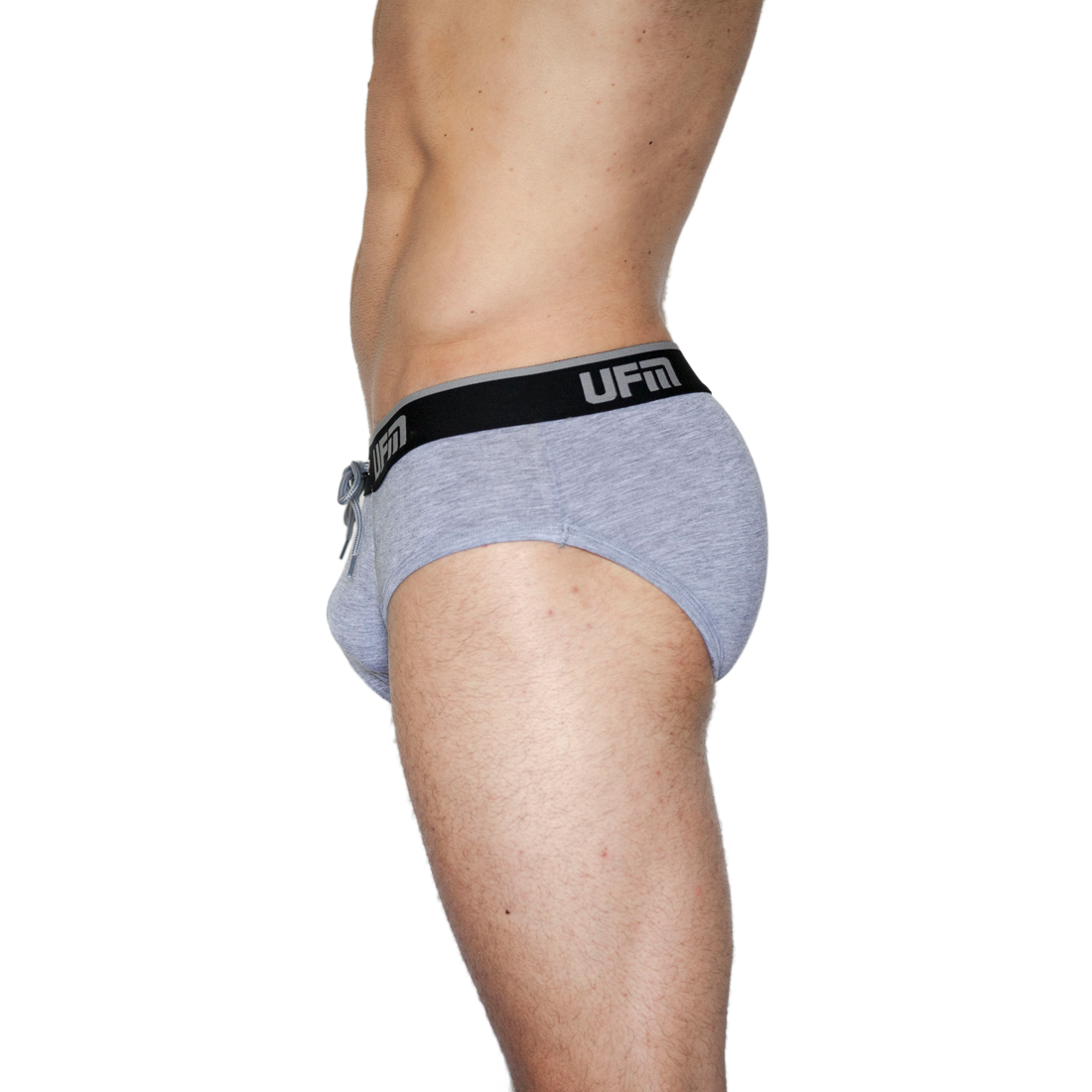 UFM Bamboo REG Support men's brief in gray, side view showcasing adjustable pouch and waistband.