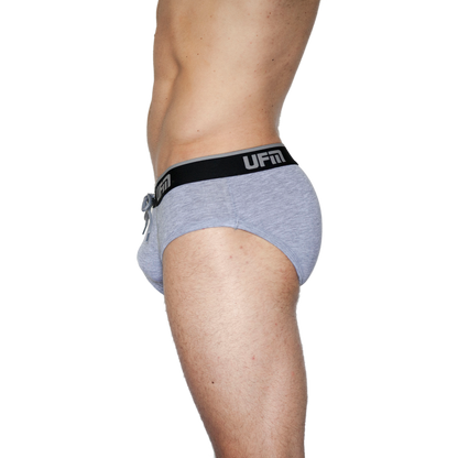 UFM Bamboo REG Support men's brief in gray, side view showcasing adjustable pouch and waistband.