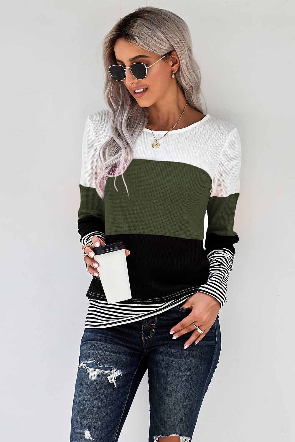 Green Stylish Colorblock Splicing Stripes Long Sleeve Top Teal Demeter