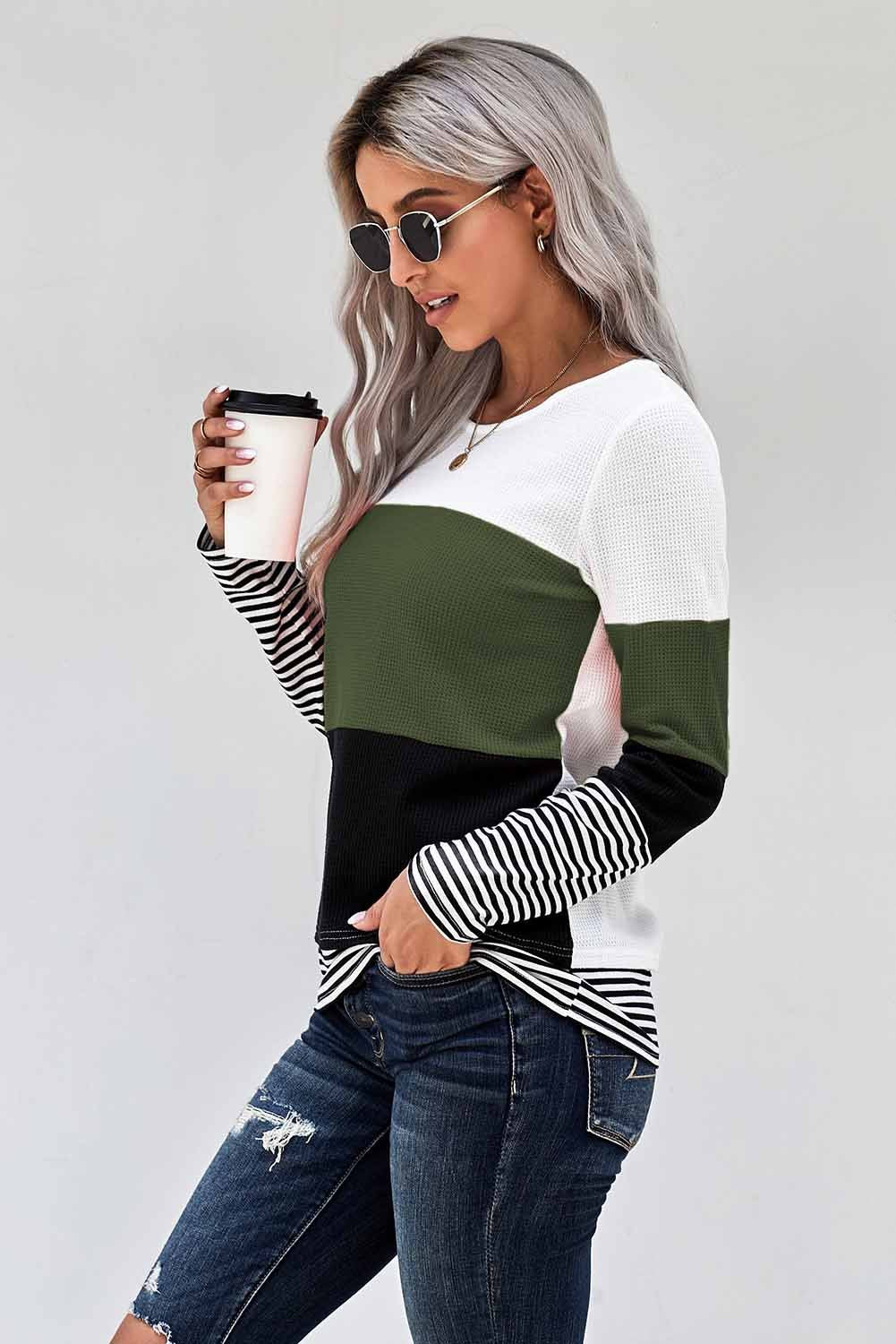 Green Stylish Colorblock Splicing Stripes Long Sleeve Top Teal Demeter