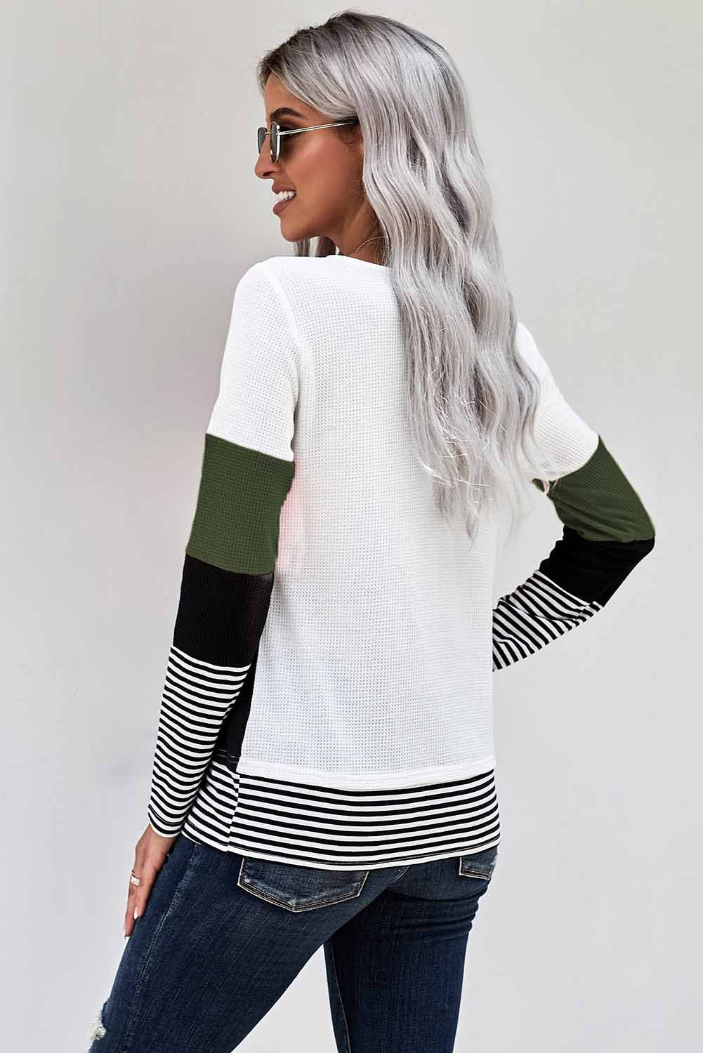 Green Stylish Colorblock Splicing Stripes Long Sleeve Top Teal Demeter