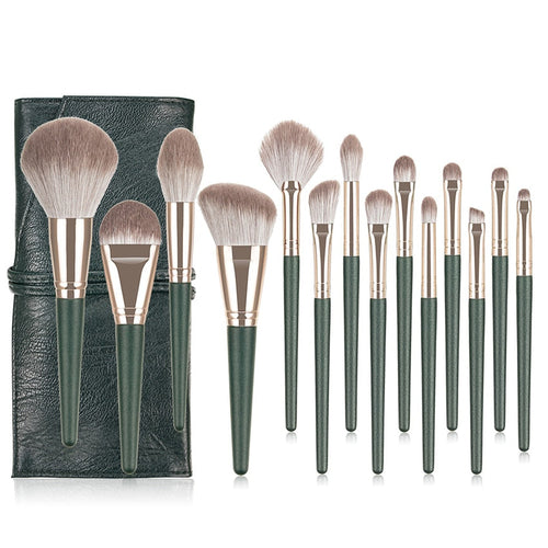 14pcs Green Cloud Makeup Brushes Cosmetics Tools Set Wooden Handle Maroon Asteria