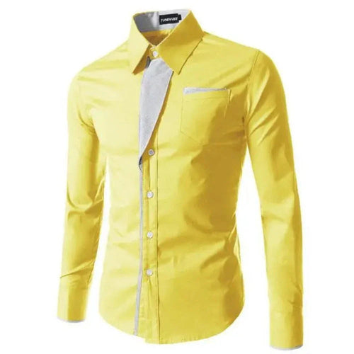 Mens Long Sleeve Button Front Shirt with Front Collar Details Yellow Pandora