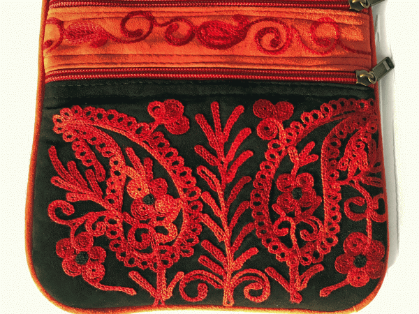 Suede Embroidered Black and Red Five Zipper Crossbody Bag Rose Poseidon