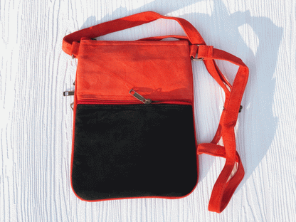 Suede Embroidered Black and Red Five Zipper Crossbody Bag Rose Poseidon