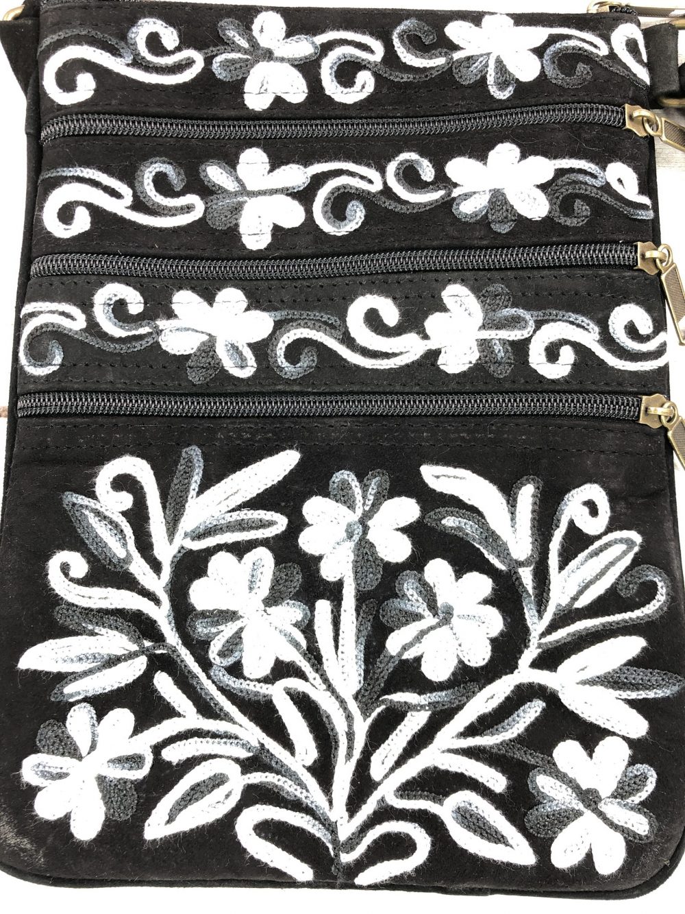 Suede Embroidered Gray and Black Five Zipper Crossbody Bag Rose Poseidon