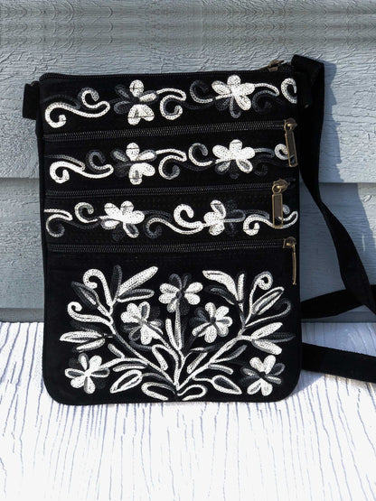 Suede Embroidered Gray and Black Five Zipper Crossbody Bag Rose Poseidon