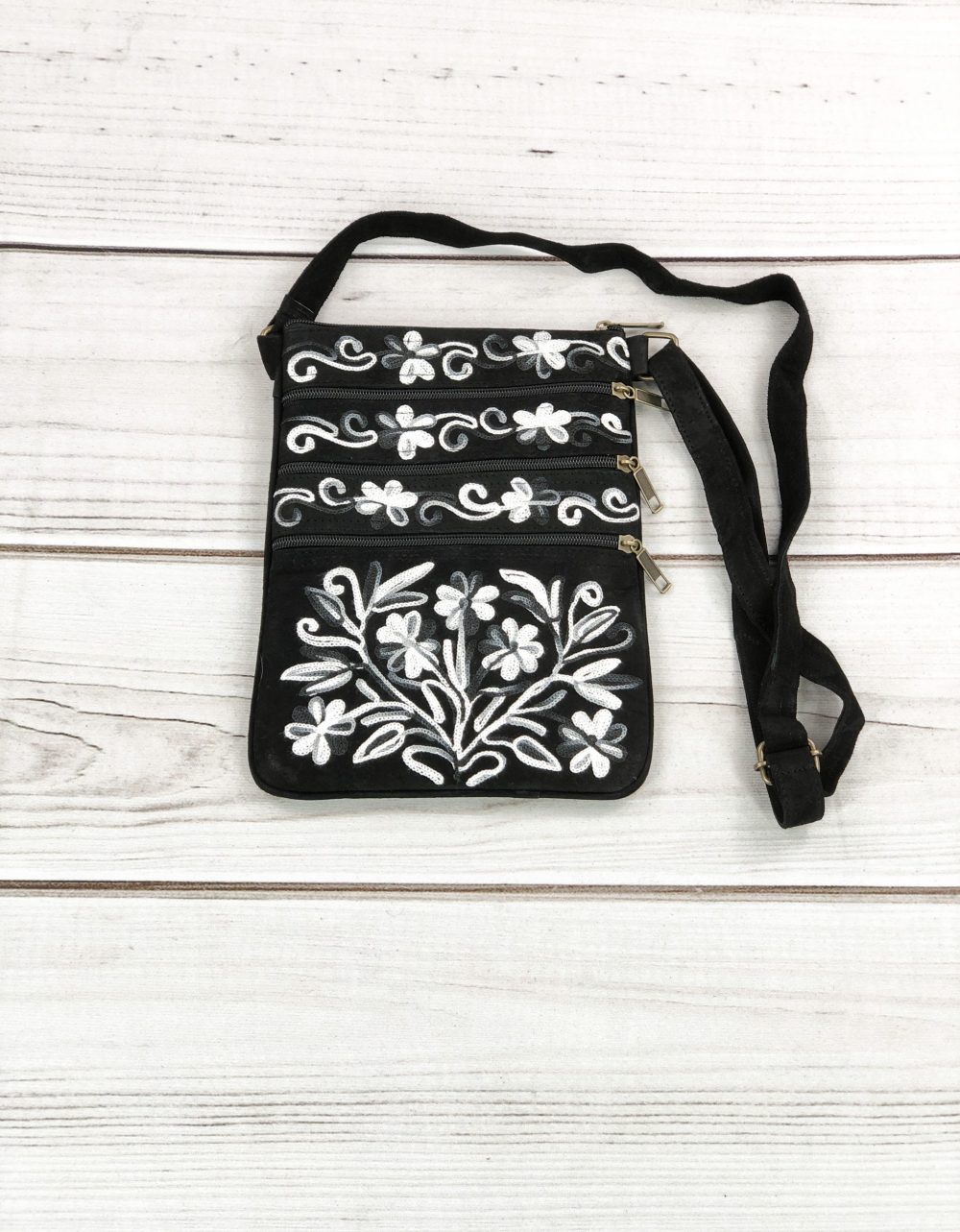 Suede Embroidered Gray and Black Five Zipper Crossbody Bag Rose Poseidon