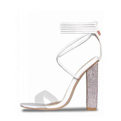 White Transparent Belt Thick-heeled High-heeled Sandals with Open-toed Silver Juneberry