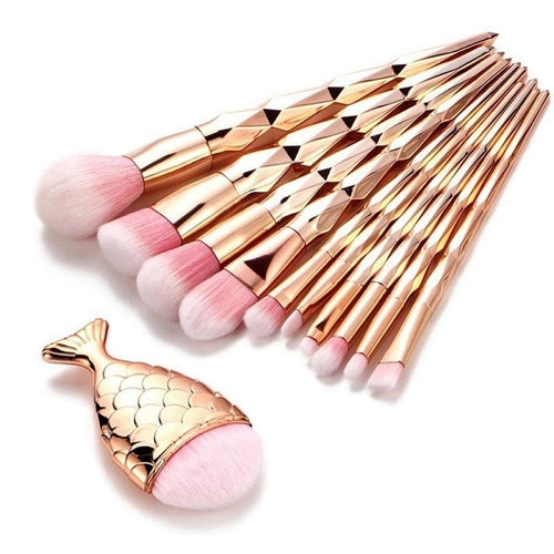 11Pcs Diamond Rose Gold Makeup Brushes Set Mermaid Fishtail Shaped Maroon Asteria