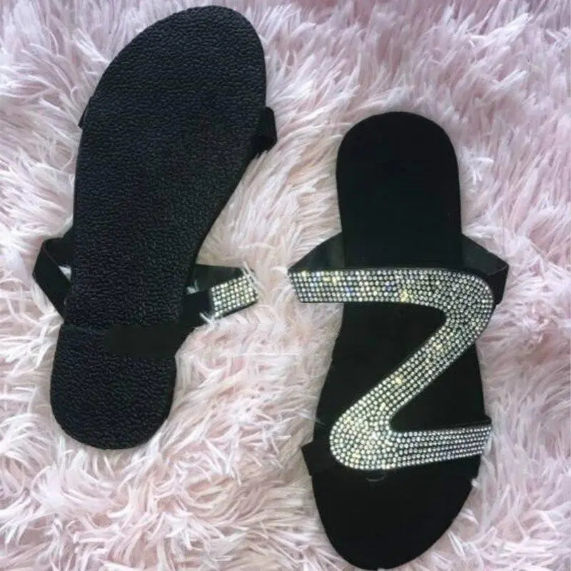 2021 Bling Bling Slides Women's Slippers for Summer Beach, black and rhinestone design.