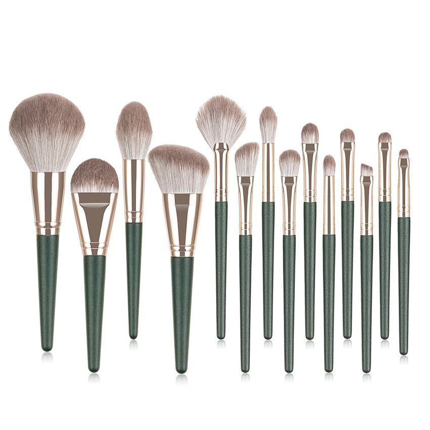 14pcs Green Cloud Makeup Brushes Cosmetics Tools Set Wooden Handle Maroon Asteria