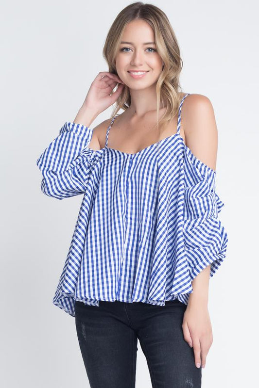 Women's Cold Shoulder Checkered Top Ivory Felix