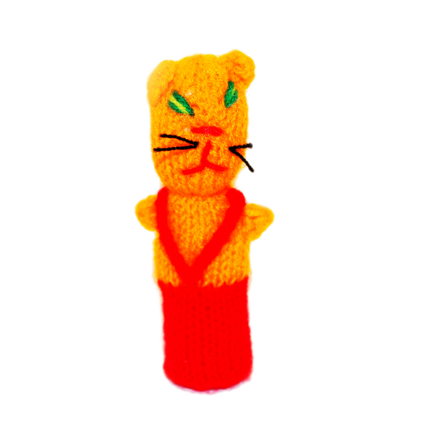 Orange Cat finger puppet in overalls, eco-friendly handmade toy.